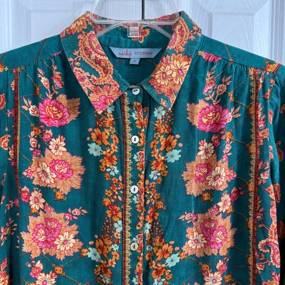 Aarke Ritu Kumar Bagicha Blouse Size S Teal Floral Boho Button Down Top